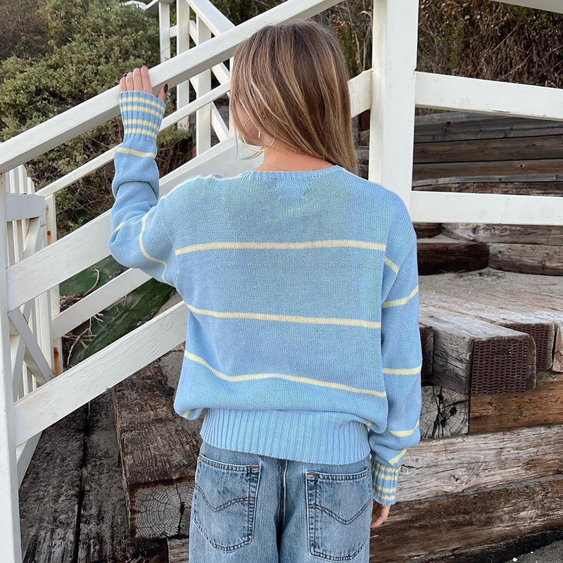 Contrast Color Round-neck Long-sleeved Pullover