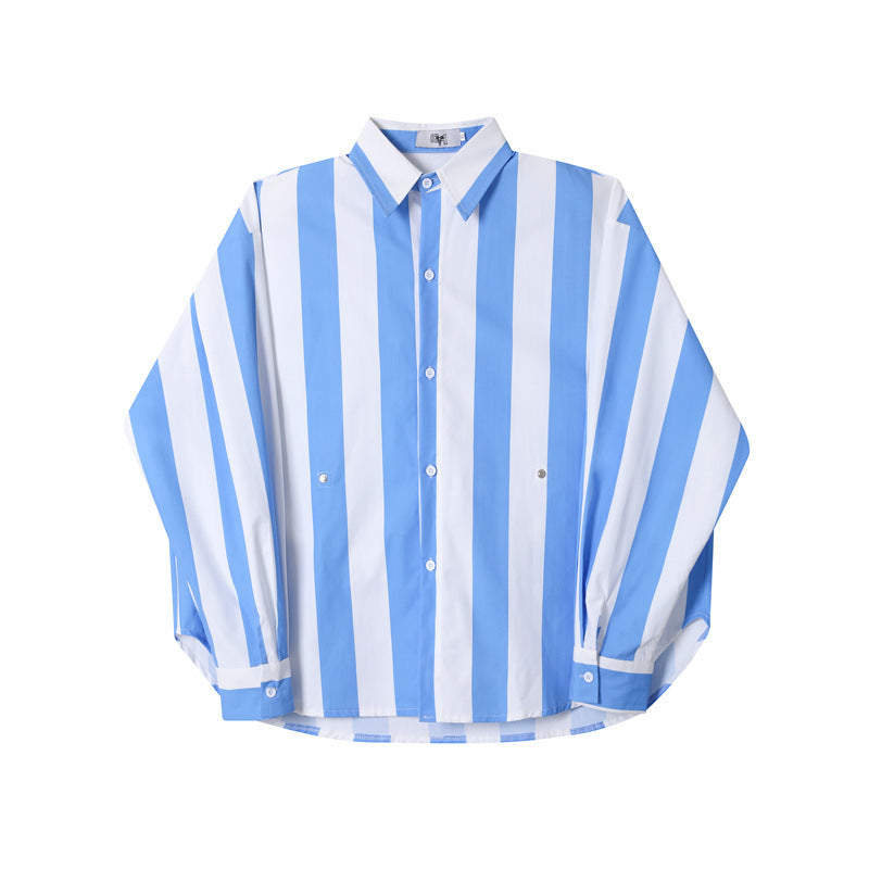 Design Button Waist Press Pleats Oversize Striped Shirt Men