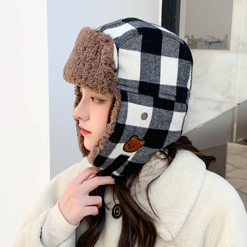 Plaid, Brushed Thermal And Windproof Cold Cycling Earflaps Ushanka Female