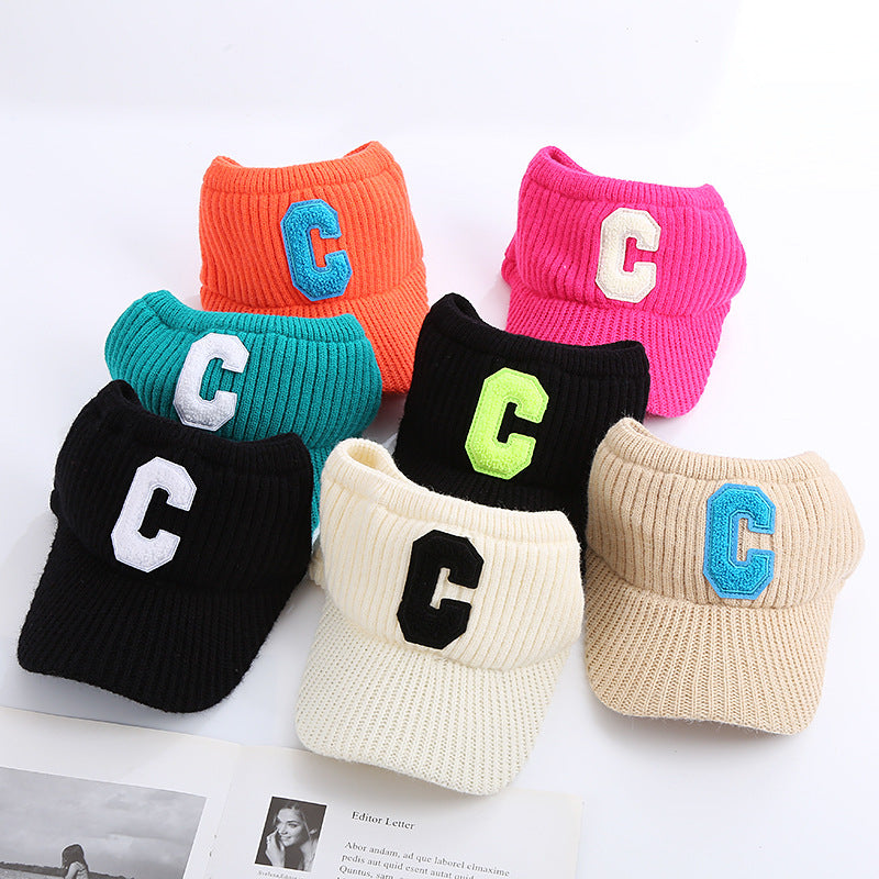 Female C Letter Fleece Warm Empty Top Knitted Baseball Hat