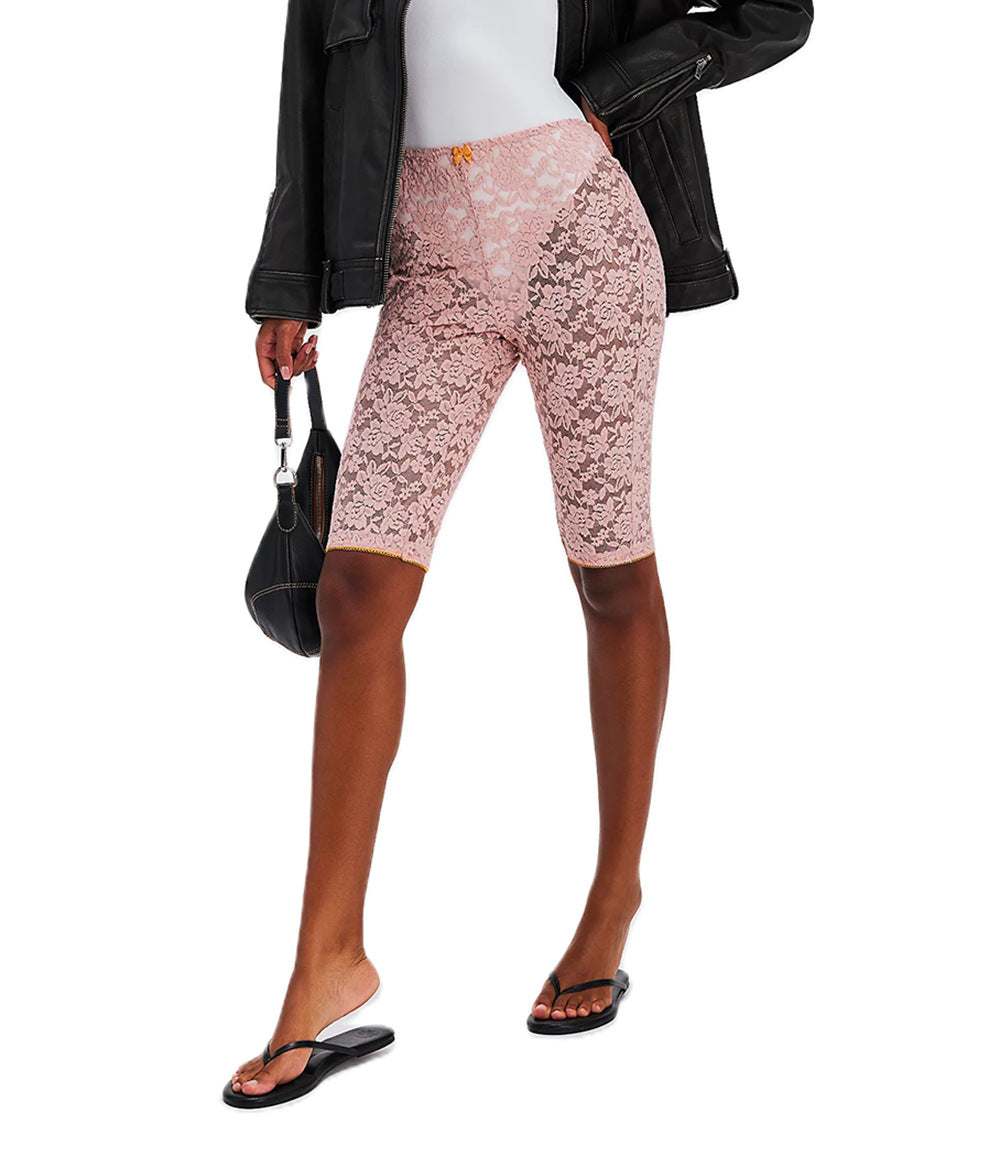 Womens Summer Suspender Lace See Through Sports Shorts