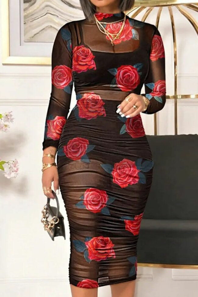 Printed See-through Slim-fit Mesh Dress