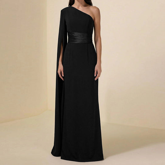 Womens Asymmetrical Black Waist-Cinching Sleeveless Dress With A Slant Neckline