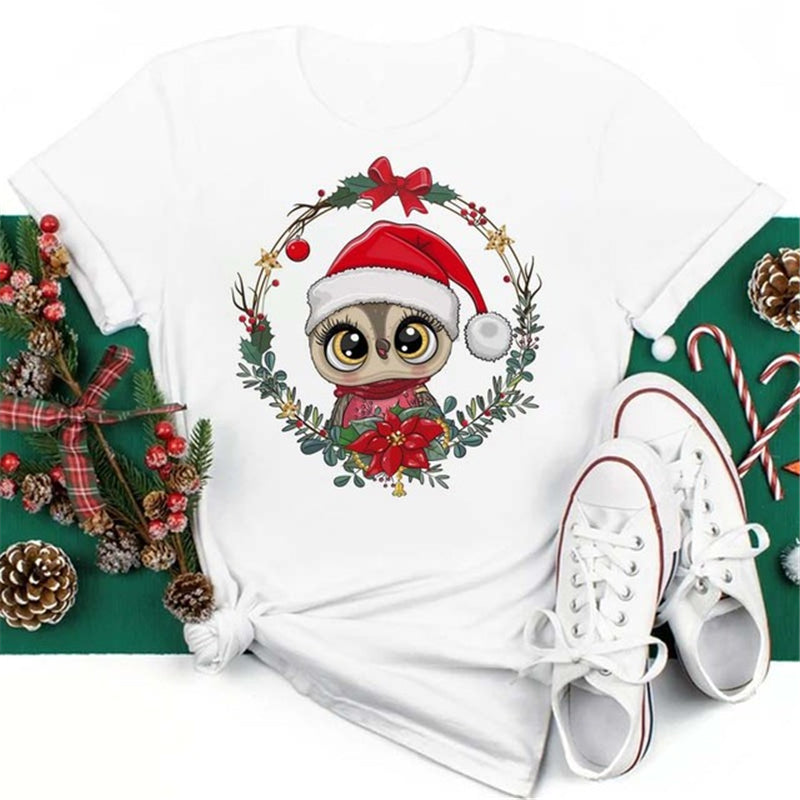 Christmas Penguin Owl Print Women's Black T-Shirt