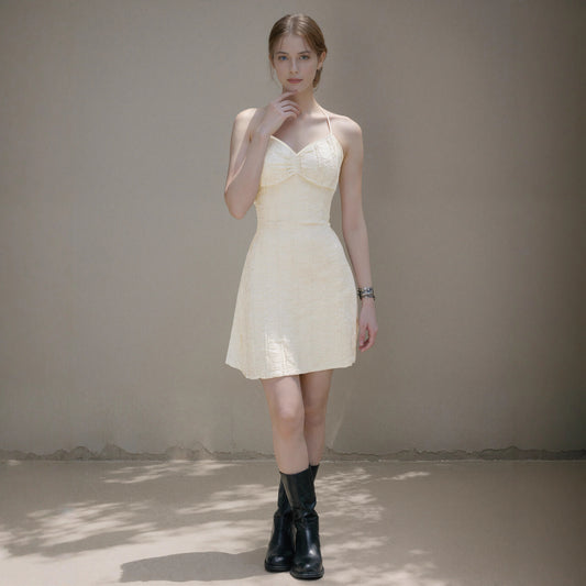 Knitted Jacquard Lace-up V-Neck Sleeveless Mini Dress