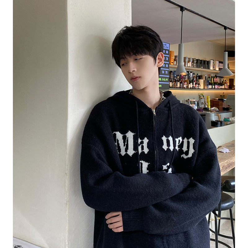 Autumn And Winter Hooded Letter Jacquard Loose Coat For Men