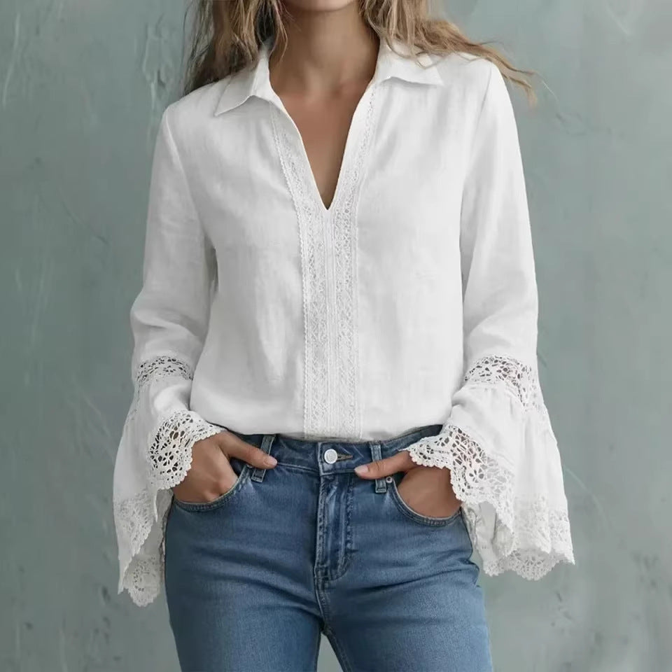 Elegant Bomuldsbluse Med Blondekant Og Pullover-Design
