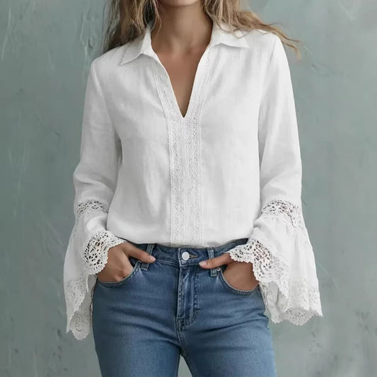 Elegant Cotton Blouse With Lace Trim And A Pullover Design