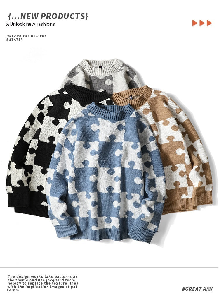 Løs sweater i koreansk stil med fransk rund hals og kontrastfarvede syninger