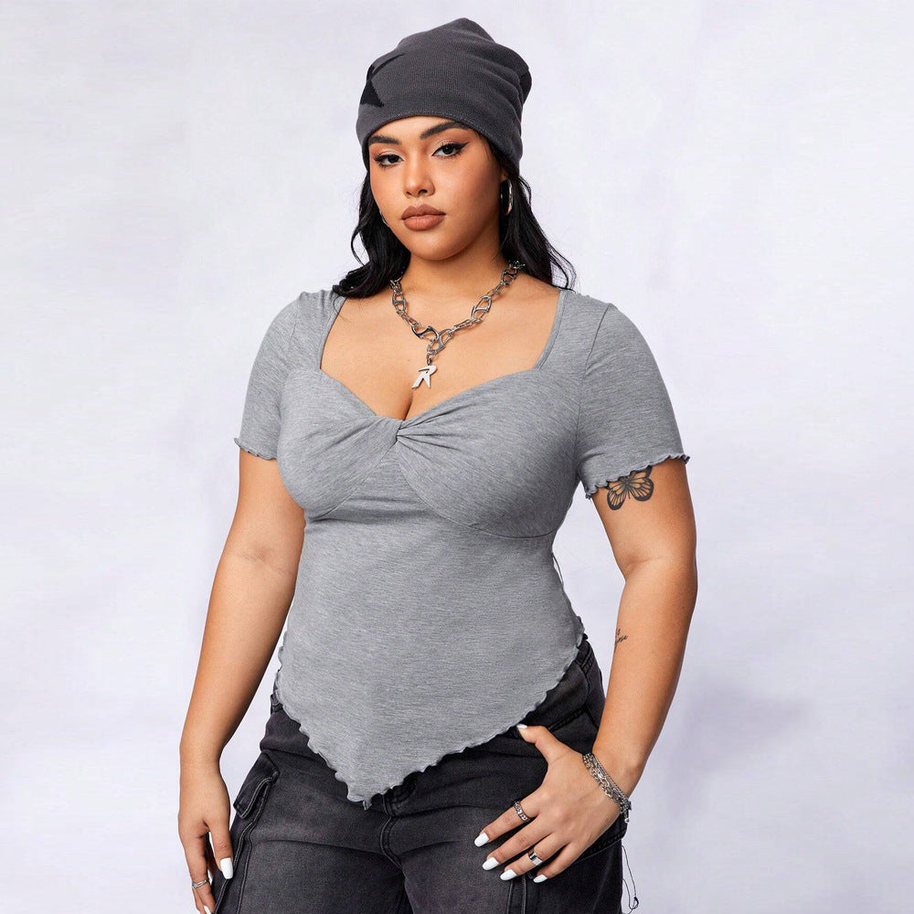 Square Neck Slim-fit Irregular Knit Short-sleeve T-shirt