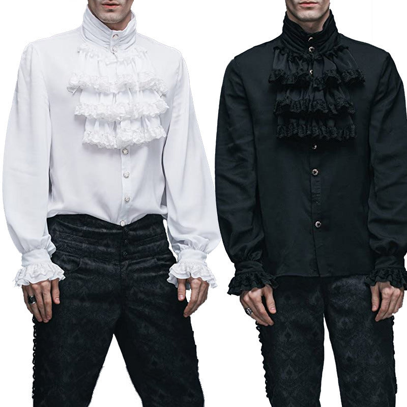 Mens Gothic Ruffle-Trimmed Stand-Up Collar Long-Sleeve Tie Shirt