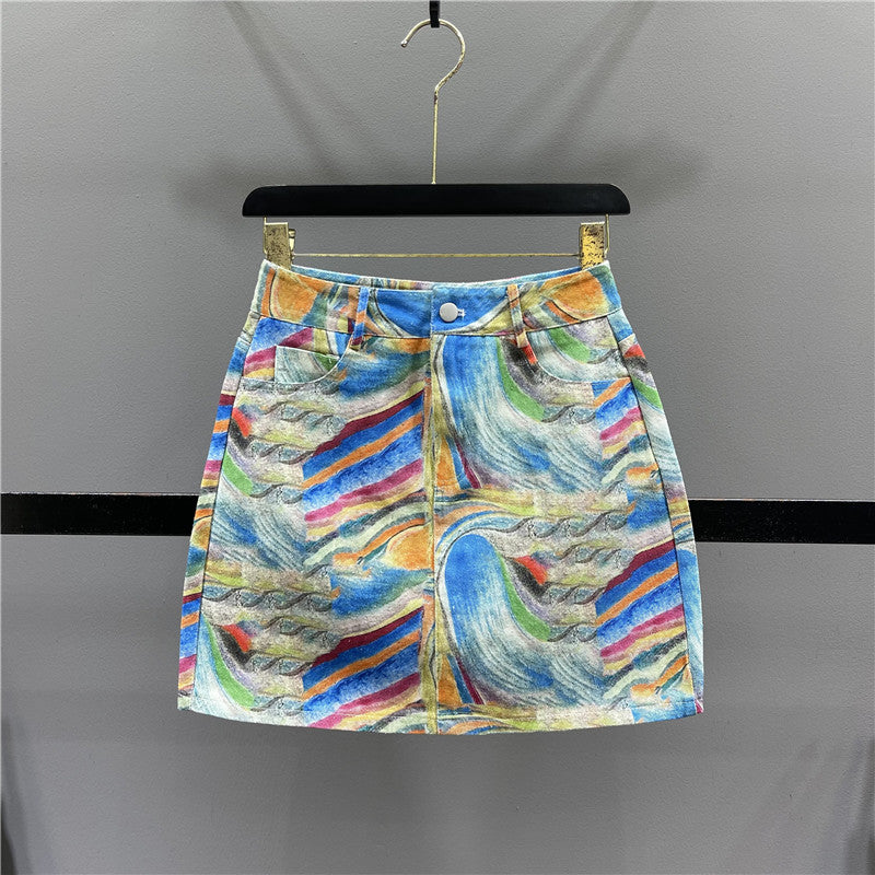 Women's High Waist A-line New Summer Printed Denim Skirt