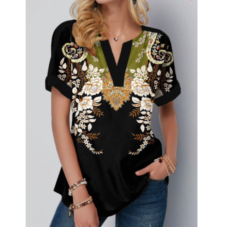 Place Print Split Neck Black Shirt T Shirt