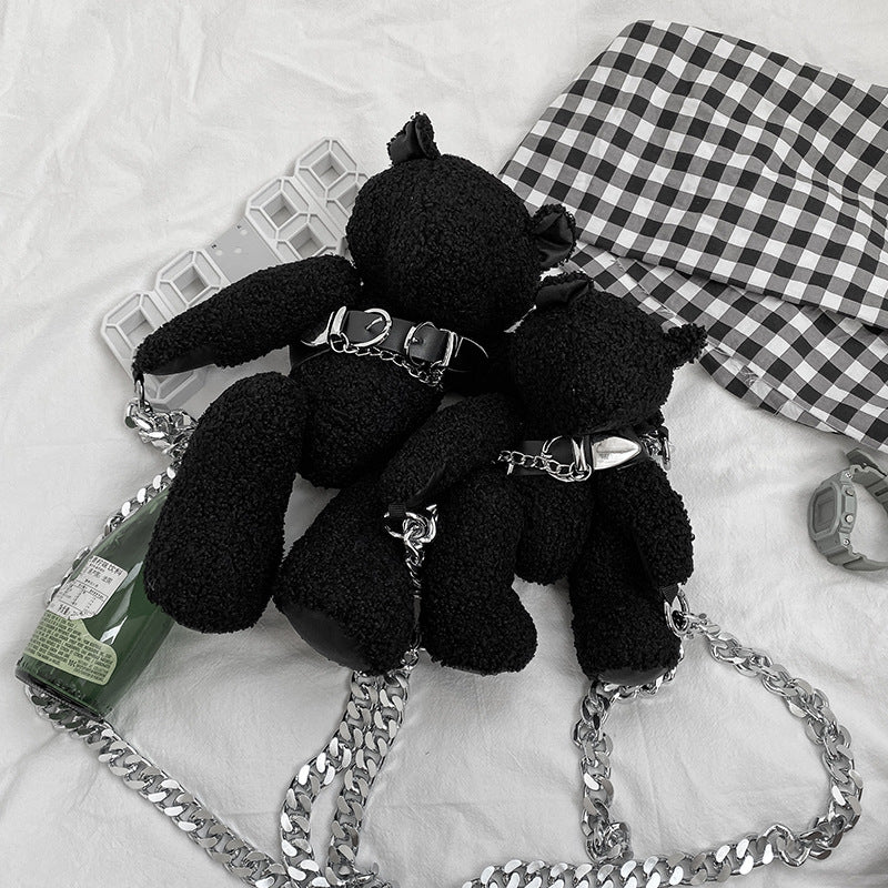 Cute Dark One-eyed Bear Mink Plush Chain Messenger Bag
