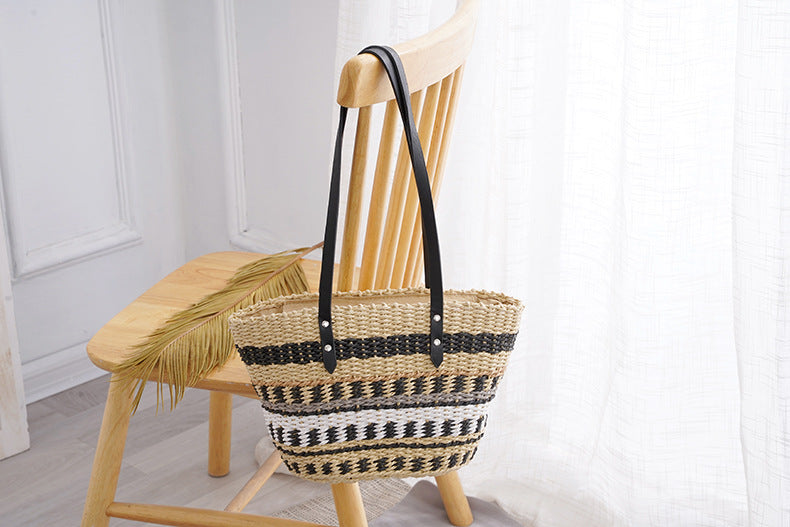 Colorful Striped Grass Braided Soft Leather Put Handbag Women's Large Capacity Braided