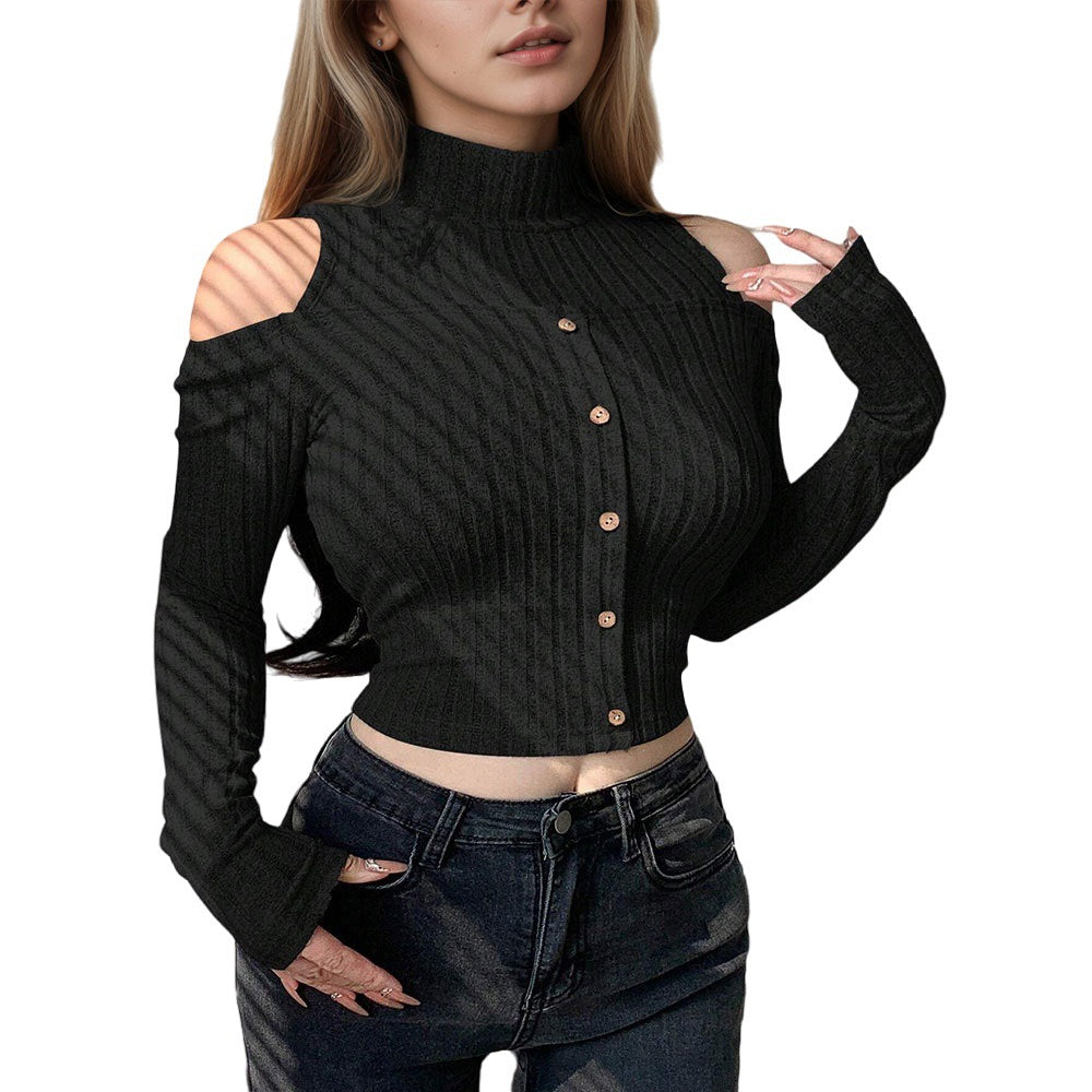 Off-the-shoulder Design Long Sleeve Short Bottoming Top
