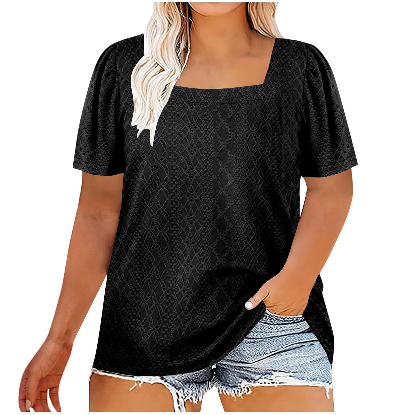 Casual U-neck Solid Color Hollow Loose-fitting T-shirt Top