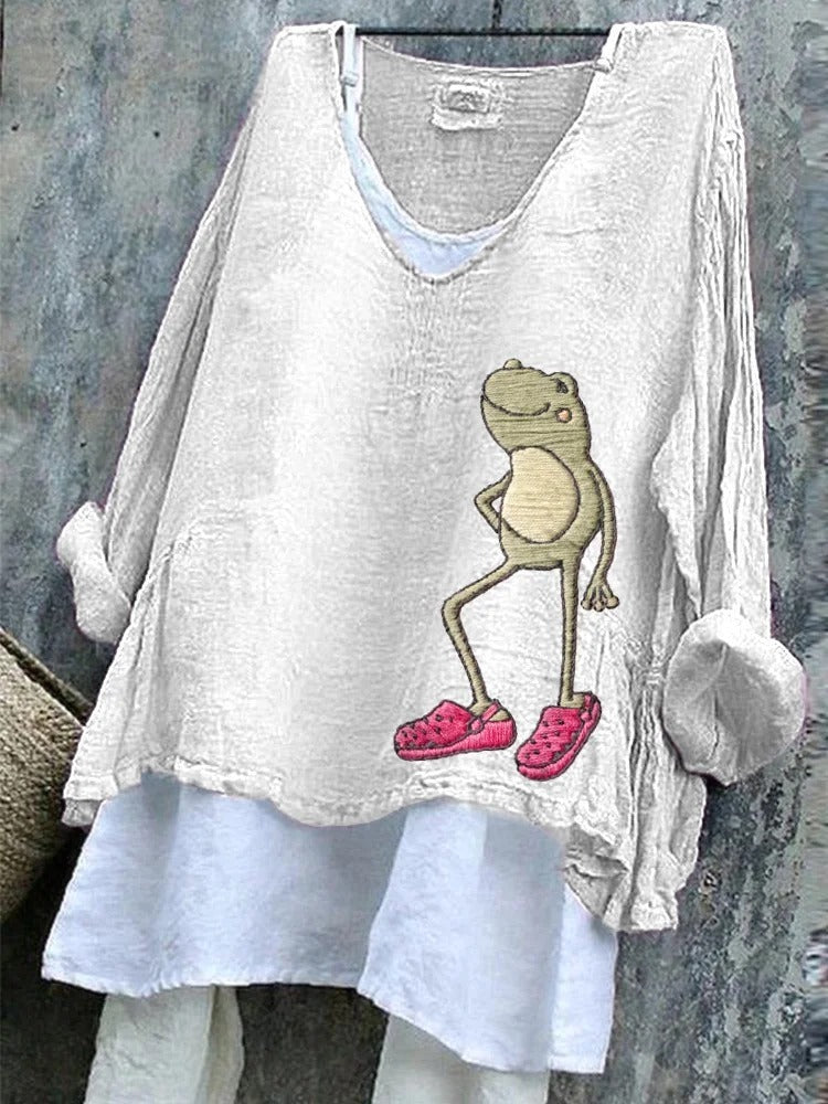 Womens Loose Casual Long-Sleeve 3D-Printed Pullover T-Shirt