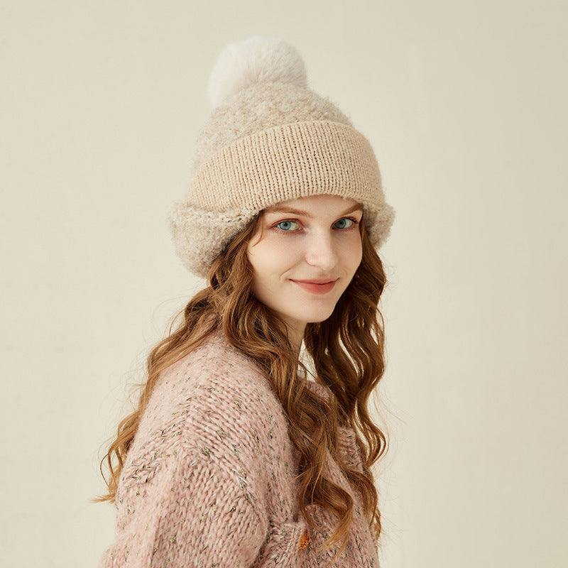 Women's Hair Ball Cone Warm Ear Protection Solid Wool Casual Pullover