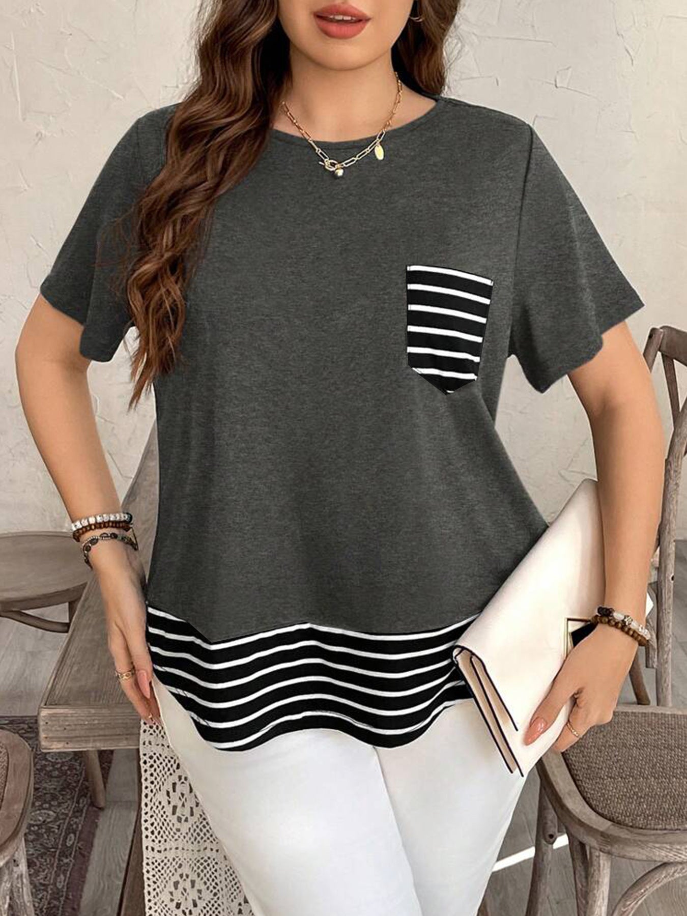 Patchwork Stripes Round Neck Loose Short Sleeves Fake Two-piece Top