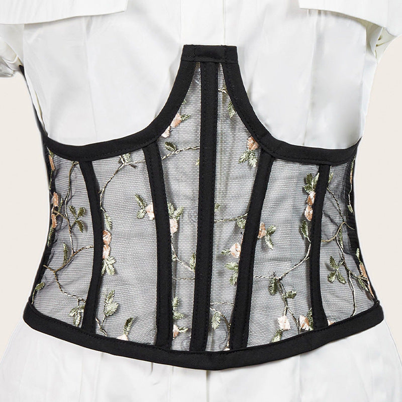 Fashion Girdle Female Embroidered Elastic Mesh Hollow Belt