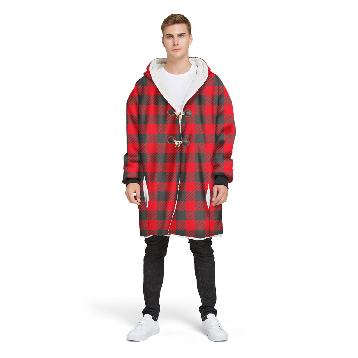 Fashion Plaid Men's Digital Printed Long Hooded Jacket
