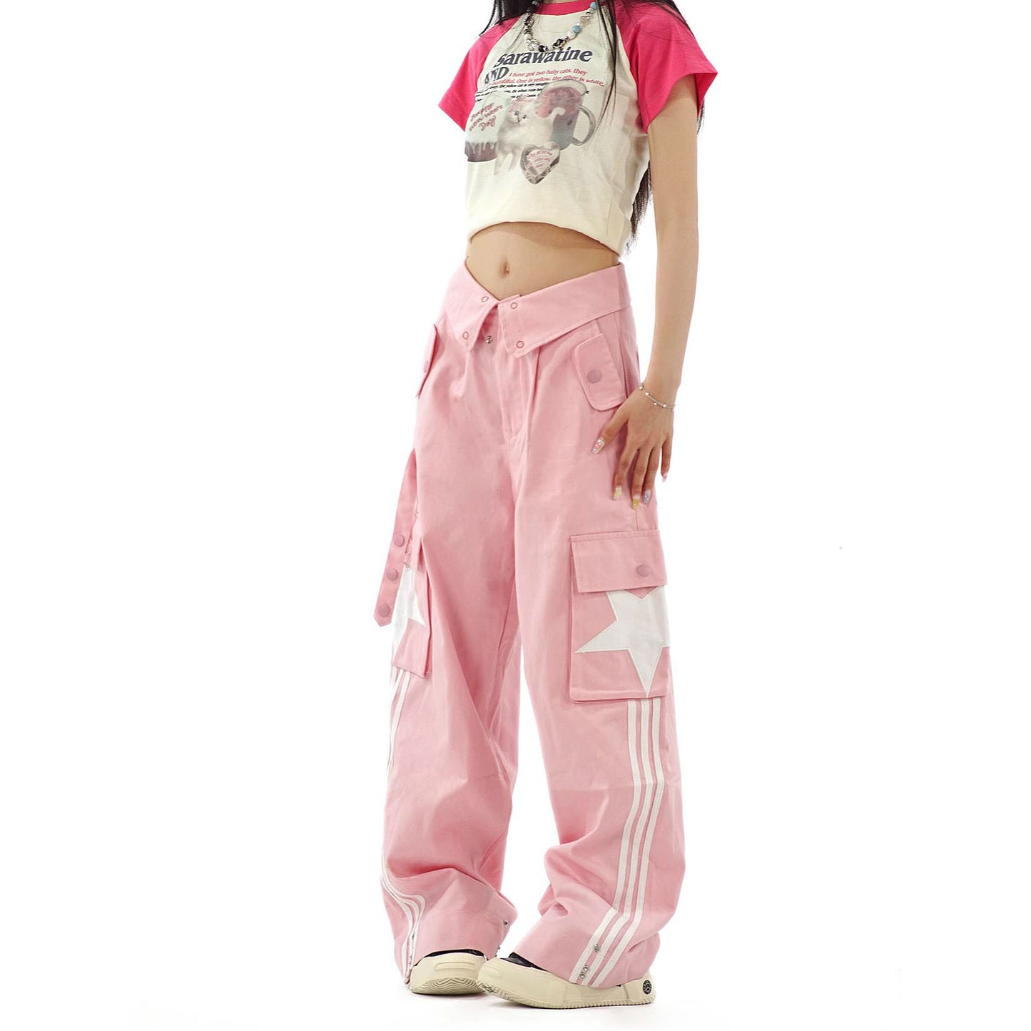 Women's Flanging Overalls Striped All-matching Straight Loose Trousers