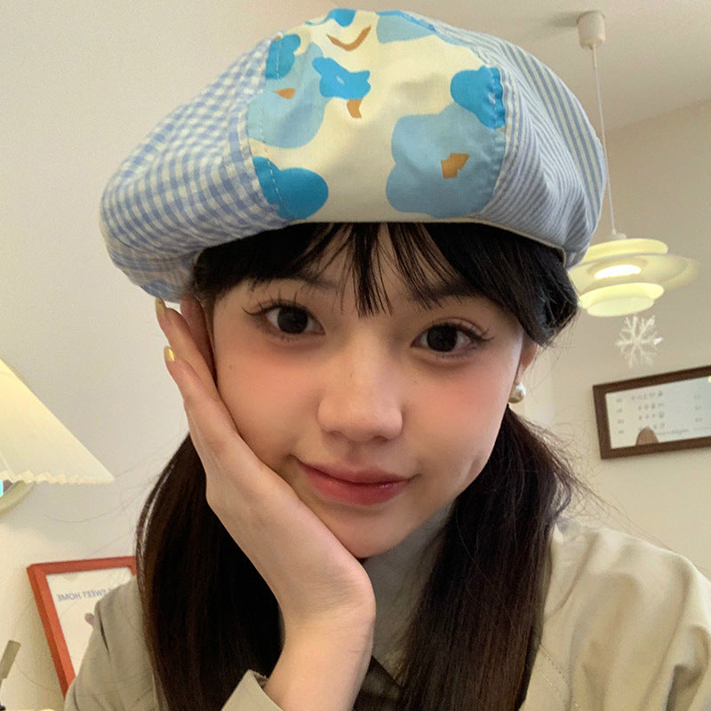 Japanese-style Blue Plaid Patchwork Beret