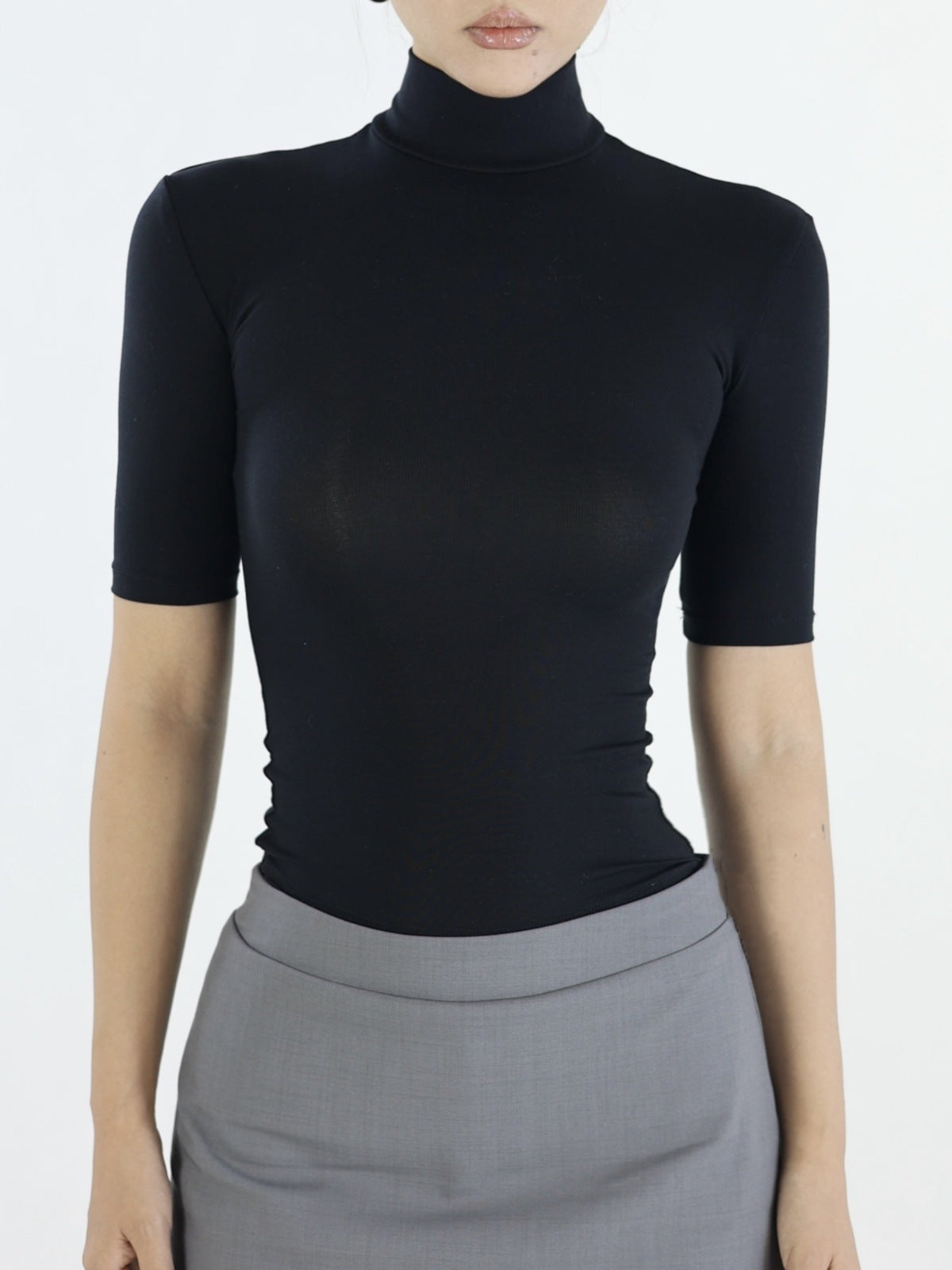 Retro Tencel Lycra Skin-friendly Turtleneck Shoulder Half Sleeve