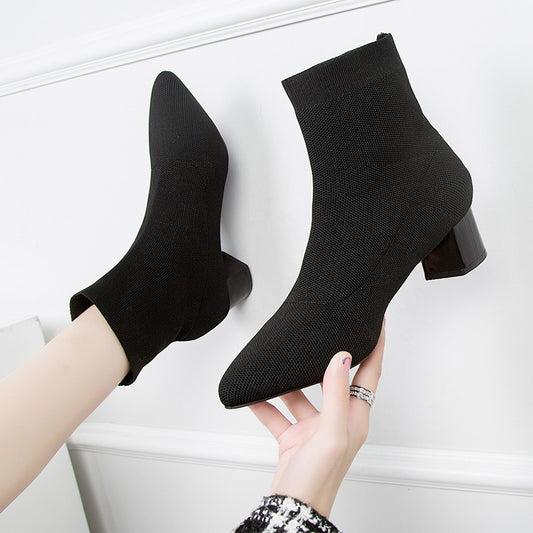 Stretch Boots Women's Mid-heel Pointed Knit Socks Shoes