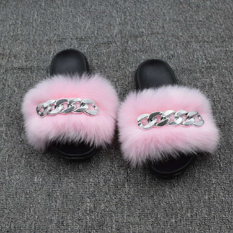 Fur Fur Slippers Chain Faux Fur Flip Flops