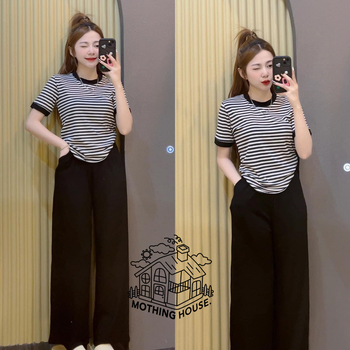 Casual Striped Top With Wide-leg Pants Two-piece Set
