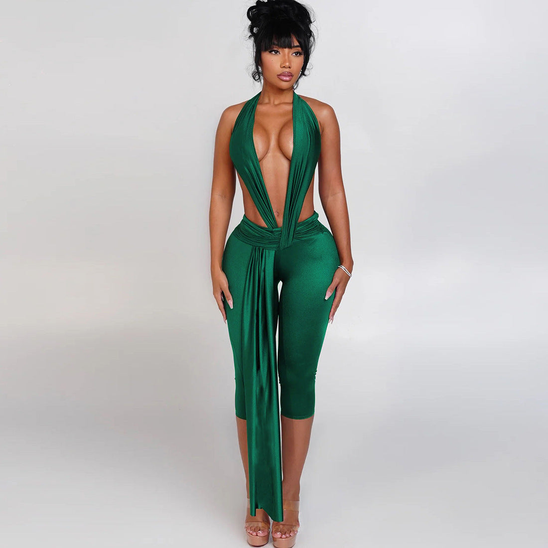 Solid-Color Sexy Chic Sleeveless Halterneck Backless Bodycon Jumpsuit
