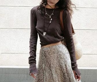 Women's Stylish Western-Style Coffee-Colored Printed Skirt Set