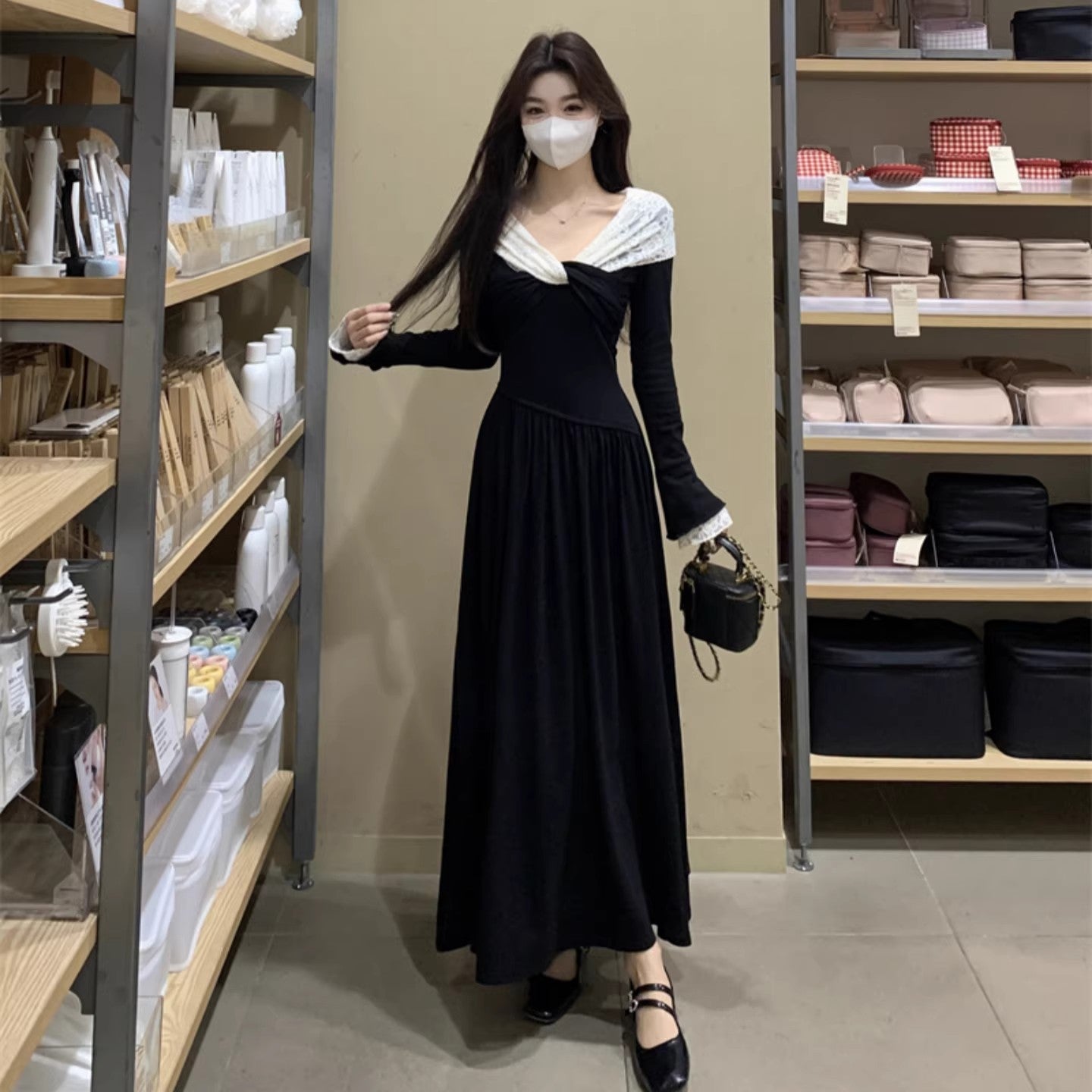 Womens Fashionable Patchwork Lace Long-Sleeve Dress