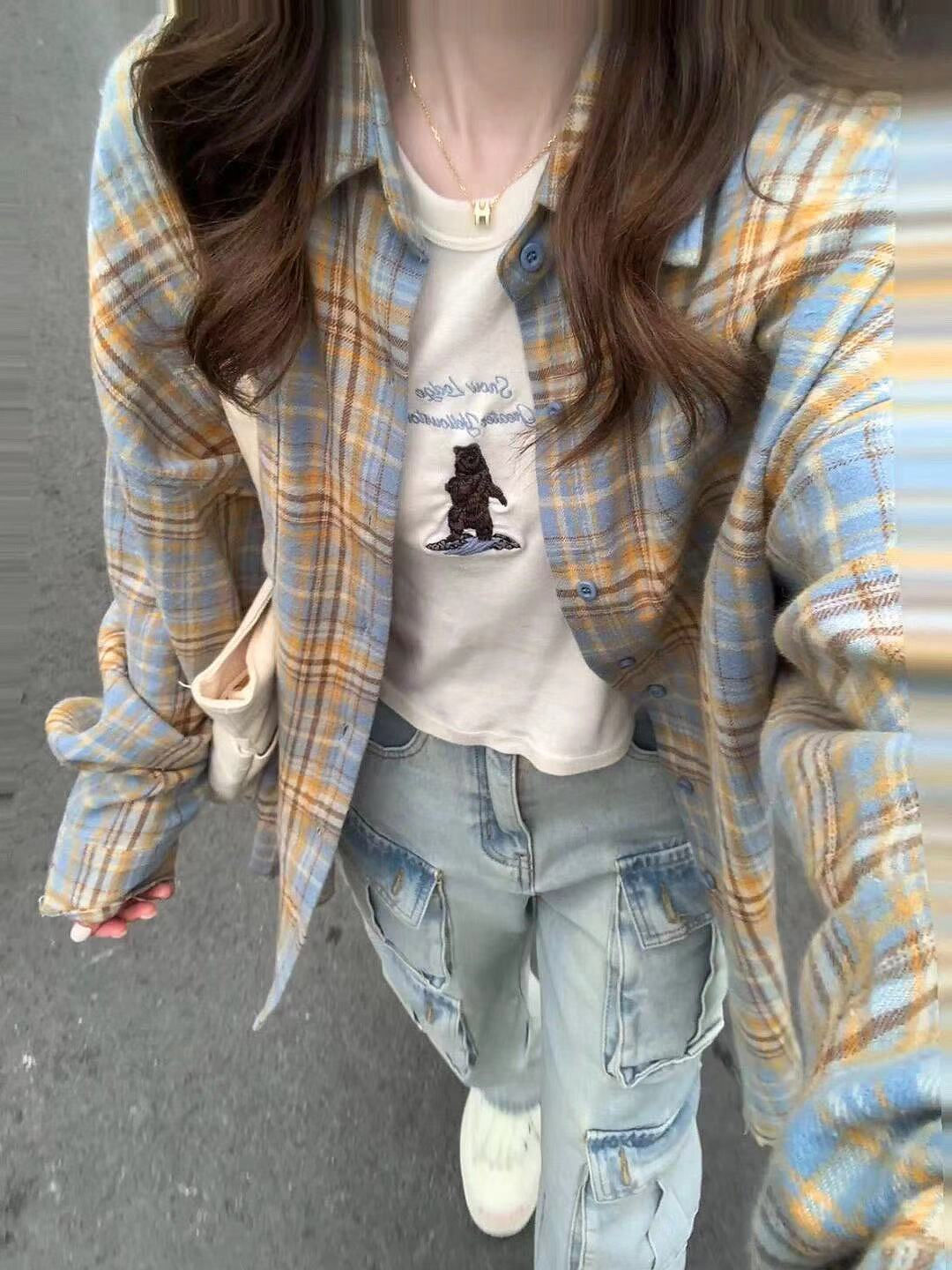 Dopamine Sweet Milky Yellow Plaid Shirt For Women