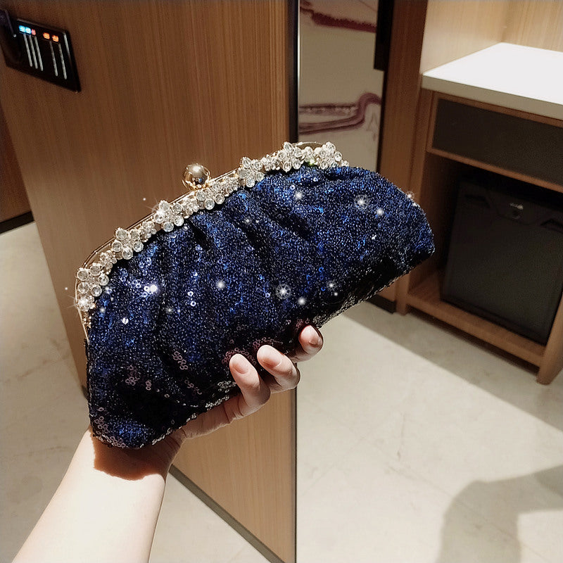 Female Blue Banquet Bag Chain Beads Handbag
