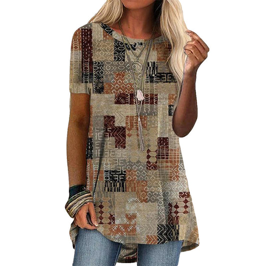 Round Neck Casual Ethnic Vintage Print Short Sleeve T-Shirt