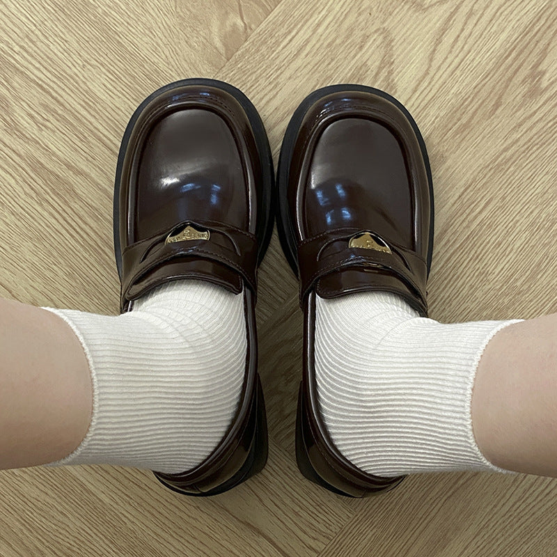 New Autumn And Winter Small Height Increasing Chunky Heel British Leather Shoes