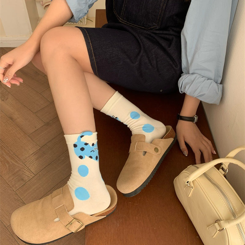 Japanese-style Polka-dot Patchwork Pure Cotton Long Socks