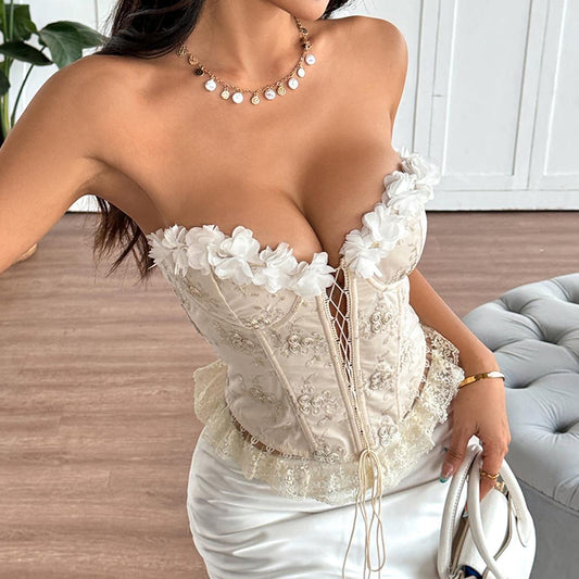 Embroidered Patchwork Handmade Floral Lace Lace-up Tube Top Vest