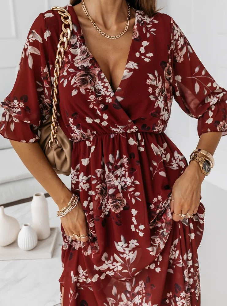 Fashionable Short-Sleeve V-Neck Chiffon Printed Dress