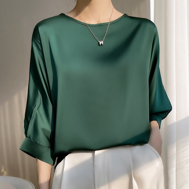 Dame Rund Hals Morbærsilke Løs Satin Kort Is-silke T-shirt Top