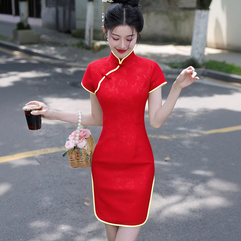 New Chinese-style Red Embossed Cheongsam Dress