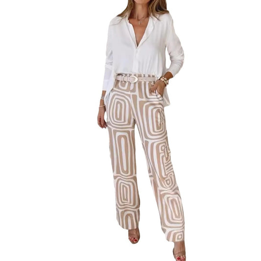 Long-sleeved Lapel Shirt Printed Wide-leg Pants Suit