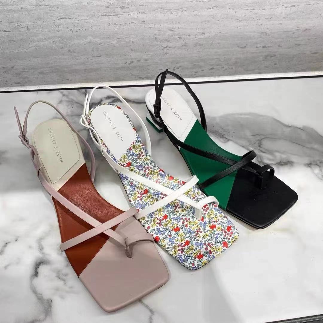 Printed Color-blocking Square Toe Flip-flop Mid-heel Fairy Style Back Strap High Heels