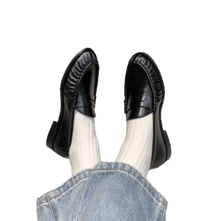 New Retro Round-Toe Pleated Suede Chunky-Heel Loafers