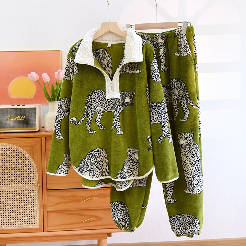 Women's Zipper Collar Pullover Flannel Pajamas Suit