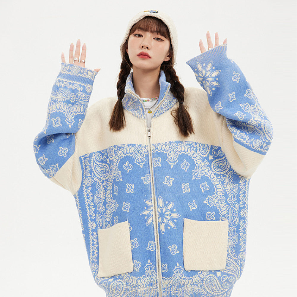 Loose Knit Cardigan Cashew Flower Casual Sweater Jacket