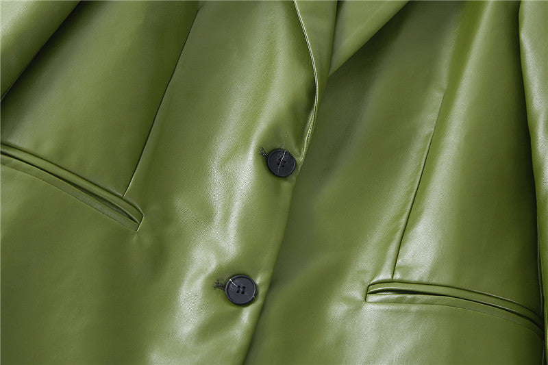 Single Breasted Casual Imitation Leather Suit Jacket Trousers Suit Women